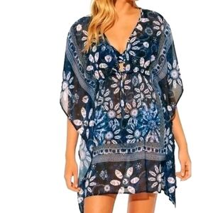 Bleu Rod Beattie Floral Swim Coverup - Blue and White, LARGE